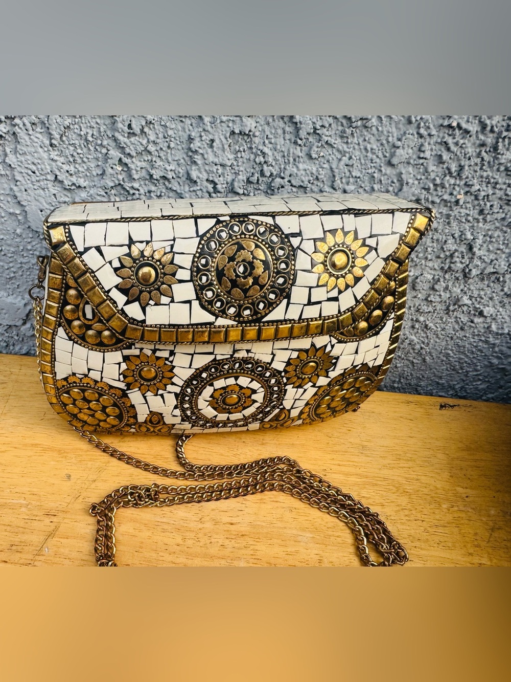 Antik Kraft Handmade White and Gold Mosaic Metal Clutch Bag |Artisanal Crossbody - Picture 7 of 9